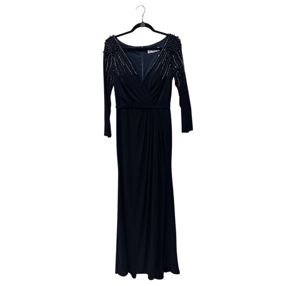 IEENA for MAC DUGGAL Women Long Sleeve Faux Wrap Jersey Gown Navy Embellished Dr - Picture 2 of 6
